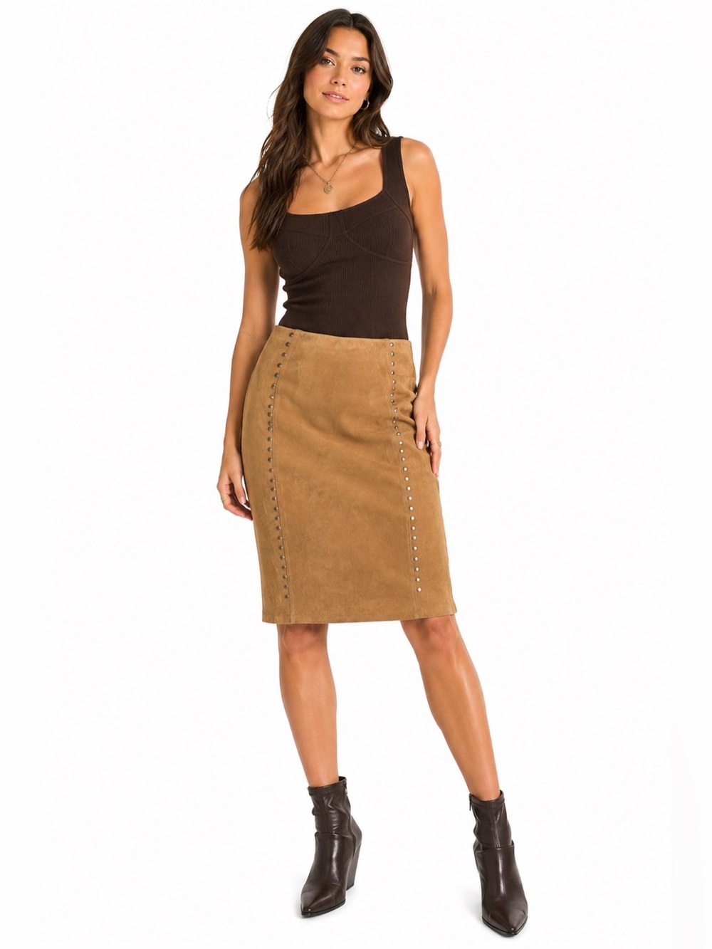 NWT Sabrina Lauren Faux Suede Studded Pencil Skirt (Tan/Camel) Size Small
